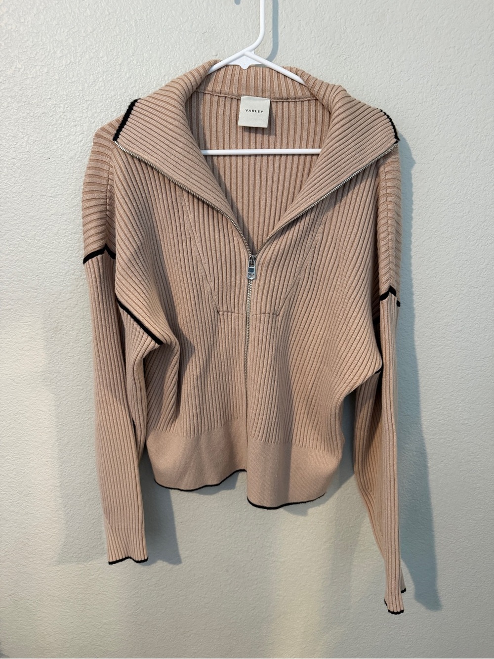Varley Ribbed Zip-Front Turtleneck Sweater in Tan with Black Trim